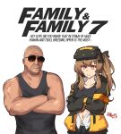  1boy 1girl armband bald black_gloves black_tank_top brown_eyes brown_hair crossed_arms crossover dominic_toretto english_text eyewear_on_head fingerless_gloves girls&#039;_frontline gloves head-mounted_display highres jacket long_sleeves meme muscular muscular_male navel sidelocks snafu sunglasses tank_top the_fast_and_the_furious ump9_(girls&#039;_frontline) vaporeon_copypasta_(meme) 