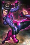  1girl ass bangs black_hair blunt_bangs breasts drill_hair eyepatch full_body han_juri looking_at_viewer medium_breasts neoartcore open_mouth pink_eyes smile solo standing street_fighter street_fighter_v twin_drills 