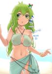  1girl :o ass_visible_through_thighs beach bikini breasts cleavage cleavage_cutout clothing_cutout collarbone covered_nipples frog_hair_ornament green_eyes green_hair groin hair_ornament hair_tubes kei_jiei kochiya_sanae large_breasts looking_down looking_to_the_side mons_pubis navel no_panties sarong snake_hair_ornament solo swimsuit touhou 