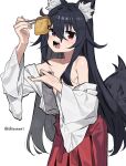  1girl animal_ears black_hair blush chopsticks collarbone eating flat_chest hakama hakama_skirt highres japanese_clothes kimono long_hair looking_at_viewer loose_clothes loose_shirt miko open_clothes open_mouth red_eyes ribs shirt shisoneri skirt tail white_background 