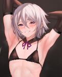  1boy androgynous armpits arms_behind_head arms_up bangs bare_shoulders bikini black_bikini black_gloves blue_eyes blush collarbone covered_nipples detached_collar elbow_gloves eyebrows_visible_through_hair fate/grand_order fate_(series) gao_changgong_(fate) gloves hair_between_eyes looking_at_viewer male_focus purple_eyes ribs short_hair silver_hair smile solo string_bikini sweat swimsuit ulrich_(tagaragakuin) upper_body 