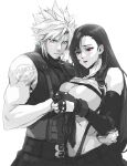  1boy 1girl black_hair blue_eyes blush breasts clothes_lift cloud_strife couple earrings elbow_gloves final_fantasy final_fantasy_vii final_fantasy_vii_remake fingerless_gloves gloves greyscale hand_grab hetero highres jewelry large_breasts long_hair monochrome red_eyes shirt_lift short_hair skirt spiked_hair spykeee1945 suspender_skirt suspenders tifa_lockhart undressing_another 