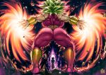  1boy 1girl ass aura backboob blonde_hair bracelet breasts crop_top debris dragon_ball dragon_ball_super floating floating_object from_behind green_hair highres huge_breasts impossible_clothes jewelry kefla_(dragon_ball) muscular muscular_female open_hands son_goku spiked_hair super_saiyan the_golden_smurf thick_thighs thighs ultra_instinct 