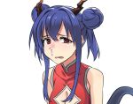  1girl arknights bare_shoulders blue_hair blush breasts ch&#039;en_(ageless_afterglow)_(arknights) ch&#039;en_(arknights) china_dress chinese_clothes cleavage cleavage_cutout clothing_cutout double_bun dragon_girl dragon_horns dragon_tail dress hair_between_eyes horns liang_chan_xing_make_tu looking_at_viewer medium_breasts nose_blush open_mouth parted_lips red_dress red_eyes sidelocks sleeveless sleeveless_dress slit_pupils sneezing solo tail tears unhappy 
