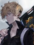  1boy absurdres black_hair black_jacket blonde_hair blue_eyes earrings flag grey_background highres holding holding_flag jacket jewelry looking_away male_focus matsuno_chifuyu pafujojo parted_lips short_hair simple_background single_earring solo tokyo_revengers undercut upper_body 