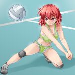  1girl bangs bare_shoulders bob_cut breasts cleavage collarbone commentary english_commentary full_body grey_footwear gym_uniform hair_between_eyes highres knee_pads kushieda_minori light_blush looking_ahead medium_breasts midriff navel playing_sports red_eyes red_hair shoes short_hair short_shorts shorts smile sneakers solace solo sport sports_bra sportswear squatting toradora! v-shaped_eyebrows volleyball white_footwear 