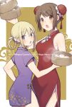  2girls alternate_costume alternate_hairstyle aniplex arm_at_side armpit_crease baozi bare_arms blonde_hair border bow box braid breasts brown_eyes brown_hair bun_cover china_dress chinese_clothes cleavage_cutout clothing_cutout commentary_request double_bun dress eyebrows_visible_through_hair floral_print food fuji_fujino hair_between_eyes hair_bow hair_rings hand_up height_difference high_collar highres holding holding_box holding_food leaf_print looking_at_viewer looking_back magia_record:_mahou_shoujo_madoka_magica_gaiden mahou_shoujo_madoka_magica medium_breasts mitsuki_felicia multiple_girls parted_lips polka_dot polka_dot_background purple_dress purple_eyes red_dress short_sleeves side_slit sidelocks square steam tareme tassel tassel_hair_ornament thighs tsurime twin_braids white_border white_bow yellow_background yui_tsuruno 