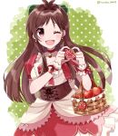  1girl ;d antenna_hair apple apple_earrings apple_print bad_id bad_pixiv_id blunt_ends blush brown_hair choker corset dress earrings eyebrows_visible_through_hair food food-themed_earrings frilled_dress frills fruit fruit_basket green_background hair_intakes highres idolmaster idolmaster_cinderella_girls jewelry looking_at_viewer nanao_(nanao1023) one_eye_closed pinafore_dress polka_dot polka_dot_background puffy_short_sleeves puffy_sleeves red_choker red_eyes ringorou_(idolmaster) short_sleeves simple_background smile solo tsujino_akari two-tone_dress wrist_cuffs 
