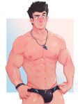  1boy abs bara bare_pectorals black_hair blush brotexbrotex bulge closed_mouth coach highres male_focus male_swimwear mature_male muscular muscular_male pectorals simple_background solo standing 