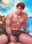  1boy abs absurdres arkapami bara black_male_swimwear blush cloud day highres jewelry kibera_(king&#039;s_raid) king&#039;s_raid large_pectorals looking_at_viewer male_focus male_swimwear muscular muscular_male navel necklace nipples outdoors pectorals purple_eyes red_hair short_hair sideburns sitting sky smile solo topless_male wristband 