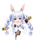  1girl :d animal_ear_fluff animal_ears bangs black_gloves black_leotard blue_hair blush bow braid brown_legwear carrot_hair_ornament chibi clenched_hand commentary don-chan_(usada_pekora) dress eyebrows_visible_through_hair food-themed_hair_ornament full_body fur-trimmed_dress fur-trimmed_gloves fur_trim gloves hair_between_eyes hair_bow hair_ornament highres hololive kuena leotard looking_at_viewer multicolored_hair outstretched_arm pantyhose rabbit_ears red_eyes shoes short_eyebrows simple_background smile standing standing_on_one_leg strapless strapless_dress strapless_leotard teeth thick_eyebrows twin_braids twintails two-tone_hair upper_teeth usada_pekora virtual_youtuber white_background white_bow white_dress white_footwear white_hair 