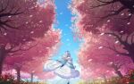  1girl absurdres back bad_link blue_footwear blue_sky cape cherry_blossoms chinese_clothes cloud cloudy_sky full_body fur_cape hair_ornament highres honkai_(series) honkai_impact_3rd long_hair official_art outdoors petals ponytail sky solo theresa_apocalypse theresa_apocalypse_(starlit_astrologos) thighhighs tree walking white_cape white_hair white_legwear zhuge_kongming_(honkai_impact) 