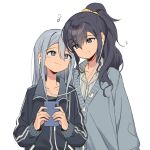  2girls asahina_mafuyu buttons cardigan cellphone closed_mouth collarbone earphones eighth_note eyebrows_visible_through_hair grey_cardigan grey_eyes grey_hair grey_jacket holding holding_phone jacket long_hair long_sleeves multiple_girls musical_note namgic phone ponytail project_sekai purple_hair shared_earphones simple_background smartphone smile symbol-only_commentary track_jacket upper_body white_background yoisaki_kanade yuri 