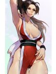  1girl arm_up armpits bare_shoulders breasts brown_eyes brown_hair cleavage fatal_fury high_ponytail highres large_breasts ninja obi oni_gini pelvic_curtain ponytail revealing_clothes sash shiranui_mai the_king_of_fighters thigh_gap thighs 
