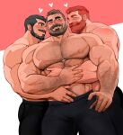  3boys arm_hair bara beard blush body_hair chest_hair facial_hair hairy highres jang_ju_hyeon large_pectorals male_focus mature_male multiple_boys muscular muscular_male original pectorals topless_male yaoi 