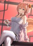  1girl acorn animal_ear_fluff animal_ears ayunda_risu bangs breasts brown_choker choker cleavage collarbone crossed_legs cup dress drinking_glass eating english_commentary eyebrows_visible_through_hair fur_choker highres holding holding_cup hololive hololive_indonesia hood hoodie low_twintails medium_breasts medium_hair nyaxxy off_shoulder pink_hoodie puffy_cheeks solo squirrel_ears squirrel_girl squirrel_tail tail thighhighs twintails virtual_youtuber white_dress white_legwear wine_glass 