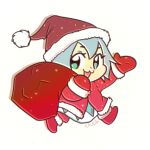  1girl :3 alternate_costume artist_name bangs blue_dress blue_eyes blue_hair boots carrying_over_shoulder chibi christmas cirno coat commentary dress fur_collar fur_trim gift_bag gloves hair_between_eyes long_sleeves mile pants pinafore_dress pom_pom_(clothes) red_bag red_coat red_dress red_footwear red_gloves red_headwear sack santa_boots santa_costume santa_gloves short_eyebrows short_hair skullchimes snowflakes touhou 