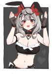  1girl animal_ears bare_shoulders belt_collar blush bow breasts cleavage collar collarbone fangs fingerless_gloves gloves grey_hair hair_bow hair_ornament heart_collar highres hololive large_breasts medium_hair midriff navel open_mouth rabbit_ears red_bow red_eyes sakamata_chloe saple smile tears virtual_youtuber x_hair_ornament 