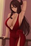  1girl absurdres bangs bare_shoulders beidou_(genshin_impact) blush breasts brown_hair cleavage collarbone dress genshin_impact hair_over_one_eye half_updo highres jewelry large_breasts long_hair looking_at_viewer necklace plunging_neckline red_dress red_eyes smile solo thighs zaphn 