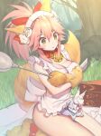  :o animal animal_ears apron bell blush bow breasts fate/grand_order fate_(series) forest fou_(fate) gloves grass highres ladle large_breasts looking_down mogullaz naked_apron nature neck_bell on_lap picnic pink_hair red_bow sitting skindentation tail tamamo_(fate) tamamo_cat_(fate) thighs white_headwear yellow_eyes 