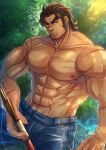  1boy abs absurdres bara bare_pectorals facial_hair highres kageru_(mofnyan) large_pectorals male_focus mature_male muscular muscular_male no_shirt old old_man original pants pectorals solo topless topless_male 