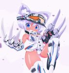  1girl animal_ear_fluff animal_ears bangs black_gloves blue_eyes bmw_m3 breasts cat_ears claws covered_mouth fingerless_gloves gas_mask gloves goggles goggles_on_headwear grey_background highres leotard looking_at_viewer mask mecha_musume medium_breasts metal_boots original personification rikona short_hair silver_hair smile solo visor_cape white_leotard 