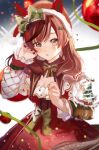  1girl absurdres animal_ears blurry blurry_background blush breasts christmas cleavage commentary_request hat highres horse_ears horse_girl horse_tail kikinoki long_hair medium_breasts medium_hair nice_nature_(umamusume) open_mouth red_hair ribbon santa_costume santa_hat solo tail umamusume 