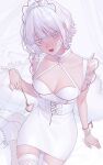  1girl absurdres arm_support boots breasts choker cleavage dress food fork freckles fruit highres looking_at_viewer mizuki_mau on_bed original pillow purple_eyes short_hair sitting solo strawberry thighhighs tongue tongue_out white_choker white_dress white_footwear white_hair white_legwear white_strawberry white_theme 