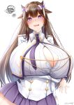  1girl @_@ animal_ears arm_under_breasts azur_lane blush bow breasts brown_hair bursting_breasts chomikuplus cleavage collared_shirt cow_ears cow_girl cow_horns gigantic_breasts hair_bow highres horns kashino_(azur_lane) long_hair military military_uniform necktie no_bra popped_button purple_eyes purple_necktie purple_skirt shirt skirt solo squiggle tearing_up underwear uniform 