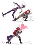  2girls arcane:_league_of_legends bandaged_arm bandages blush boots caitlyn_(league_of_legends) catching high_heels highres jacket kiss kissing_cheek league_of_legends long_hair motion_blur multiple_girls pink_hair ponytail purple_hair red_jacket short_hair snegovski tripping vi_(league_of_legends) yuri 