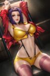  1girl armpits arms_up black_hair breasts cowboy_bebop cowboy_shot cuffs faye_valentine hairband handcuffs large_breasts linea_alba navel neoartcore parted_lips pink_legwear red_shirt shirt short_hair shorts sitting skindentation smile solo thighhighs yellow_hairband yellow_shorts 