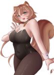  1girl acorn animal_ears ayunda_risu black_legwear black_leotard blush breasts cleavage covered_navel eyebrows_visible_through_hair green_eyes head_tilt highres hololive hololive_indonesia icedsolero_(pixiv44011048) large_breasts leotard long_hair looking_at_viewer low_twintails open_hand open_mouth pantyhose playboy_bunny_leotard solo squirrel_ears squirrel_girl squirrel_tail tail twintails virtual_youtuber wrist_cuffs 