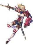  1girl armor armored_boots bare_shoulders blonde_hair boots breastplate closed_mouth covered_collarbone dark_skin dress elbow_pads fire_emblem fire_emblem_awakening fire_emblem_heroes flavia_(fire_emblem) gloves highres holding holding_sword holding_weapon leg_up lips long_hair looking_at_viewer official_art purple_eyes sheath short_dress shoulder_armor sidelocks skirt sleeveless smile solo sword thighhighs tied_hair transparent_background turtleneck weapon yoneko_okome zettai_ryouiki 