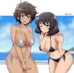  2girls armorganger bangs bikini black_bikini black_hair blue_eyes blue_sky blush bob_cut breast_hold breasts brown_hair cleavage closed_mouth cloud cloudy_sky commentary commission dark-skinned_female dark_skin dated day girls_und_panzer green_eyes halterneck hand_on_own_thigh highres horizon hoshino_(girls_und_panzer) large_breasts leaning_forward looking_at_viewer multiple_girls navel ocean one_eye_closed open_mouth outdoors outside_border pixiv_request short_hair side-tie_bikini sky smile standing suzuki_(girls_und_panzer) swimsuit white_bikini 