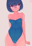  1girl bare_shoulders blue_hair blue_leotard blush breasts cameltoe cleavage cleft_of_venus clenched_hand collarbone colored_eyelashes covered_navel eyebrows_visible_through_hair glasses hair_between_eyes highleg highleg_leotard huxiao_(mistlakefront) leotard looking_to_the_side original red_eyes short_hair signature simple_background small_breasts 