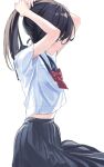  1girl adjusting_hair bangs black_hair blue_eyes blue_sailor_collar blue_skirt blush closed_mouth expressionless hair_tie hair_tie_in_mouth hands_up highres long_hair midriff mouth_hold neckerchief original pleated_skirt ponytail red_neckwear sailor_collar school_uniform serafuku shirt short_sleeves simple_background skirt solo tying_hair tyutaka0427 white_background white_shirt 