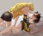  2girls animal_ears black_hair blake_belladonna blonde_hair blush cat_ears fingering from_side highres long_hair mechanical_arms midriff multiple_girls naizo_(kimosugimasu) open_mouth rwby shirt_rolled_up single_mechanical_arm smile steam_from_mouth sweatdrop yang_xiao_long yuri 