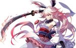  1girl animal_ears bad_link bangs bare_shoulders benghuai_xueyuan breasts closed_mouth fox_ears holding holding_sword holding_weapon honkai_(series) honkai_impact_3rd japanese_clothes jewelry katana long_hair miko necklace official_art pink_hair pink_skirt purple_eyes sideboob simple_background skirt solo sword thighhighs weapon white_background white_legwear white_sleeves yae_sakura yae_sakura_(gyakushinn_miko) 