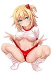  1girl akai_haato apita_(apitaro) bangs blonde_hair blue_eyes blush breasts clothes_lift clothes_pull eyebrows_visible_through_hair gym_uniform hair_ornament heart heart_hair_ornament highres hololive long_hair looking_at_viewer loose_socks navel one_side_up shirt_lift shorts shorts_pull smile solo thighs underboob v virtual_youtuber 