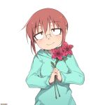  1girl aqua_hoodie bad_id bad_pixiv_id bangs breasts closed_mouth flower glasses head_tilt holding holding_flower kobayashi-san_chi_no_maidragon kobayashi_(maidragon) looking_at_viewer medium_breasts medium_hair once_11h own_hands_together red_eyes red_hair simple_background smile solo standing upper_body white_background 