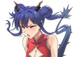  1girl arknights bare_shoulders blue_hair blush breasts ch&#039;en_(ageless_afterglow)_(arknights) ch&#039;en_(arknights) china_dress chinese_clothes cleavage cleavage_cutout closed_eyes clothing_cutout double_bun dragon_girl dragon_horns dragon_tail dress facing_viewer hair_between_eyes horns liang_chan_xing_make_tu medium_breasts open_mouth red_dress red_eyes sidelocks sleeveless sleeveless_dress slit_pupils sneezing solo tail tears 