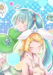  2girls akino_coto animal_costume blonde_hair blue_hair bunny_hair_ornament chibi closed_eyes closed_mouth commentary cotton_candy dreaming green_jacket hair_ornament hatsune_miku jacket kagamine_rin multiple_girls object_hug pink_jacket sheep sheep_costume sleeping sleeping_on_person sleeping_upright spring_onion stuffed_toy twintails vocaloid 