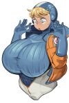  1girl absurdres apex_legends bangs blue_bodysuit blue_eyes blue_gloves blue_headwear blush bodysuit breasts chamchami commentary eyebrows_visible_through_hair gloves highres hood hooded_jacket huge_breasts jacket looking_down open_hands open_mouth orange_jacket ribbed_bodysuit solo surprised sweatdrop wattson_(apex_legends) white_background white_bodysuit 