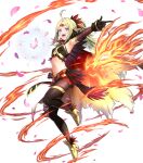  1girl ahoge alternate_costume armpits bangs belt black_gloves blonde_hair cape feather_trim feathers fire fire_emblem fire_emblem_awakening fire_emblem_heroes flat_chest floating floating_object gloves glowing gold_trim gradient gradient_clothes gradient_hair green_hair highres jewelry kousei_horiguchi long_hair midriff multicolored_hair multiple_belts navel nowi_(fire_emblem) official_art open_mouth pantyhose parted_bangs pelvic_curtain petals pointy_ears ponytail purple_eyes solo stomach stone tiara tied_hair transparent_background 