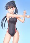  1girl anti_(untea9) ass_visible_through_thighs black_hair black_swimsuit blue_background blush breasts competition_swimsuit cowboy_shot cross-body_stretch exercise eyebrows_visible_through_hair gradient gradient_background green_ribbon grey_eyes hair_between_eyes hair_ribbon highres houshou_(kancolle) kantai_collection long_hair one-piece_swimsuit open_mouth orange_swimsuit ponytail ribbon small_breasts solo stretch swimsuit white_swimsuit 