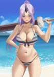  1girl ass_visible_through_thighs bangs bare_shoulders beach bikini black_nails blue_sky breasts cleavage cloud collarbone commentary cowboy_shot day groin hand_on_hip hand_up high_ponytail holding holding_sword holding_weapon horizon horizontal_stripes horns kesoshirou large_breasts legs_apart long_hair looking_at_viewer nail_polish navel ocean open_mouth outdoors parted_bangs purple_eyes purple_hair sand shiny shiny_hair shiny_skin shion_(tensei_shitara_slime_datta_ken) single_horn sky solo standing striped striped_bikini swimsuit sword tensei_shitara_slime_datta_ken thighs v-shaped_eyebrows water weapon 