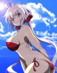  1girl ahoge ass bangs bare_shoulders bikini blush breasts cloud grin hair_ornament hair_scrunchie highres large_breasts long_hair looking_at_viewer low_twintails purple_eyes red_bikini scrunchie senki_zesshou_symphogear side-tie_bikini silver_hair sky smile solo string_bikini swimsuit tanashi_(mk2) twintails very_long_hair yukine_chris 