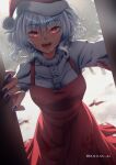  1girl blood blood_on_clothes blood_on_face blue_nails christmas commentary eyebrows_visible_through_hair freyja_(vtuber) highres indie_virtual_youtuber open_mouth red_eyes relentless snow virtual_youtuber white_hair yandere 