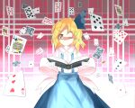  1girl absurdres alice_margatroid alice_margatroid_(pc-98) back_bow blonde_hair blue_bow blue_skirt book bow buttons card closed_eyes collared_shirt commentary_request eyebrows_visible_through_hair frilled_shirt_collar frills grimoire_of_alice hair_bow highres holding holding_book long_skirt medium_hair poker puffy_short_sleeves puffy_sleeves shirt short_sleeves skirt smile str11x suspenders touhou touhou_(pc-98) wavy_hair white_background white_shirt yellow_eyes younger 