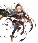  1girl ahoge alternate_costume bangs belt black_gloves blonde_hair cape feather_trim feathers fire_emblem fire_emblem_awakening fire_emblem_heroes flat_chest gloves gold_trim gradient gradient_clothes gradient_hair green_hair highres jewelry kousei_horiguchi leg_up long_hair looking_away midriff multicolored_hair multiple_belts navel nowi_(fire_emblem) official_art one_eye_closed open_mouth pantyhose parted_bangs pelvic_curtain pointy_ears ponytail purple_eyes solo stomach stone tiara tied_hair torn_clothes transparent_background 